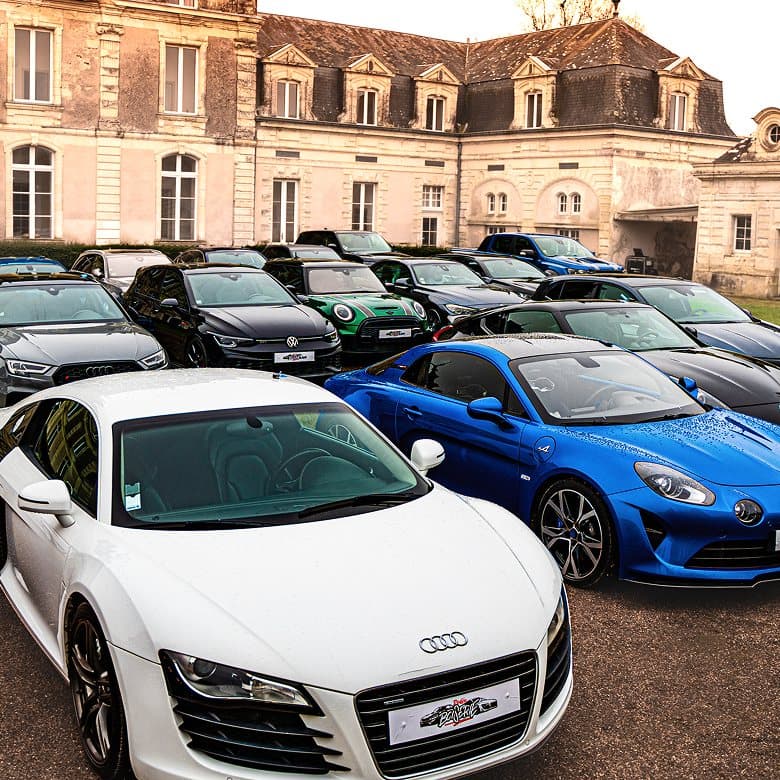 The thirty cars lined up at the château